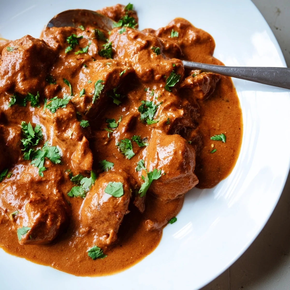 Hearty chicken tikka masala garnished with fresh cilantro, paired with buttery basmati rice on a rustic wooden table.