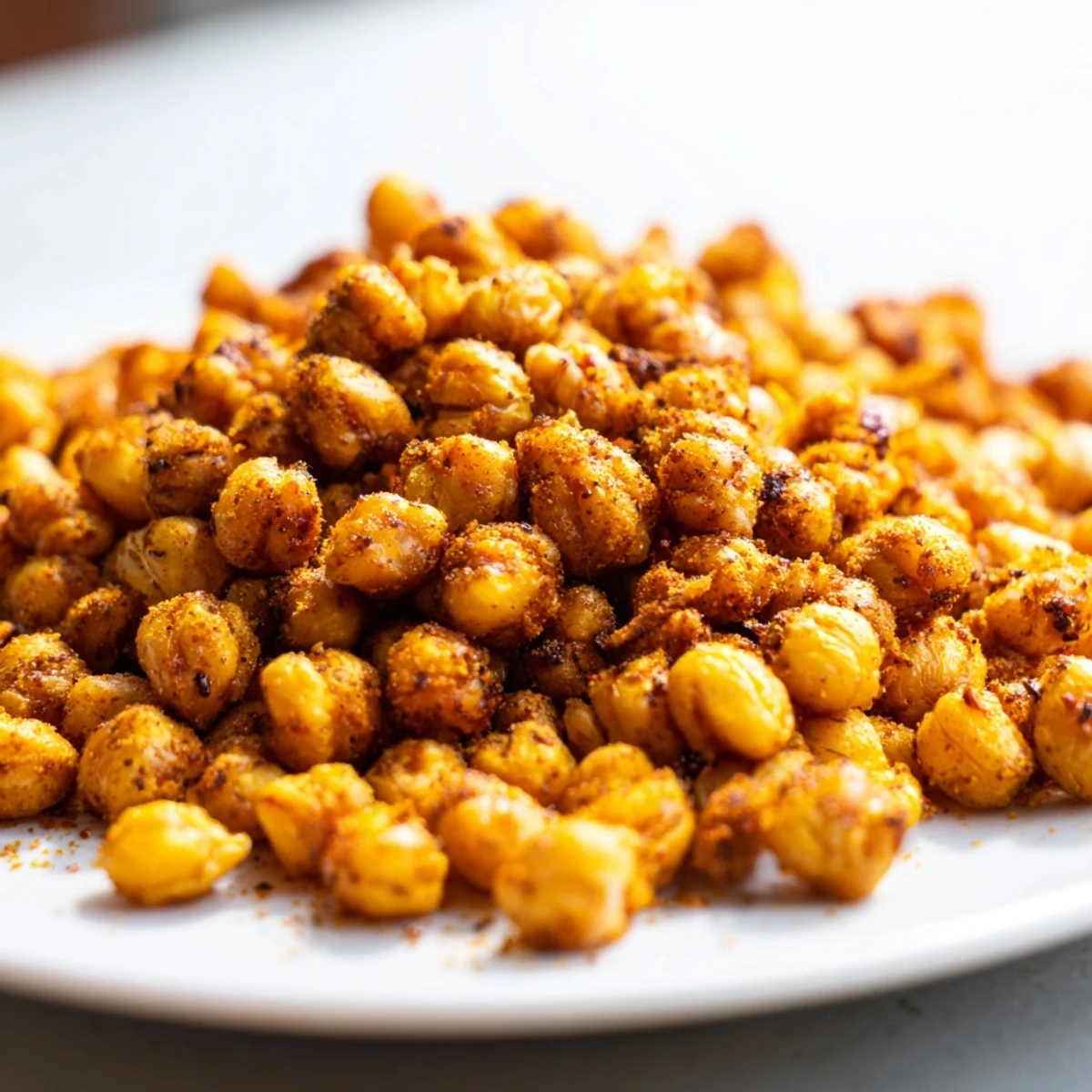 Golden-brown Spicy Roasted Chickpeas with Cumin spread on a parchment-lined baking sheet, seasoned and ready to snack on.