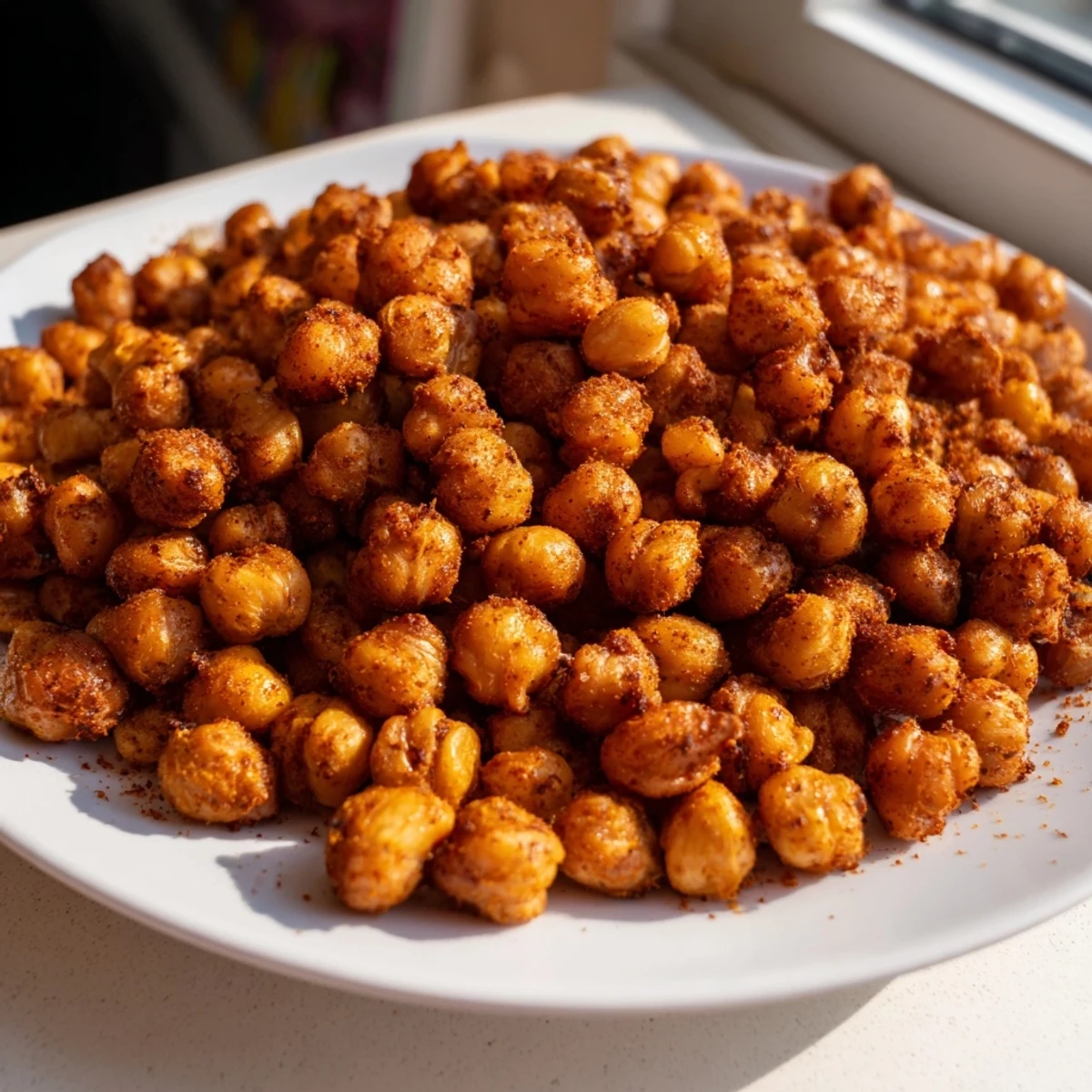 A bowl of Spicy Roasted Chickpeas with Cumin topped with fresh parsley and a lime wedge for bright flavor.
