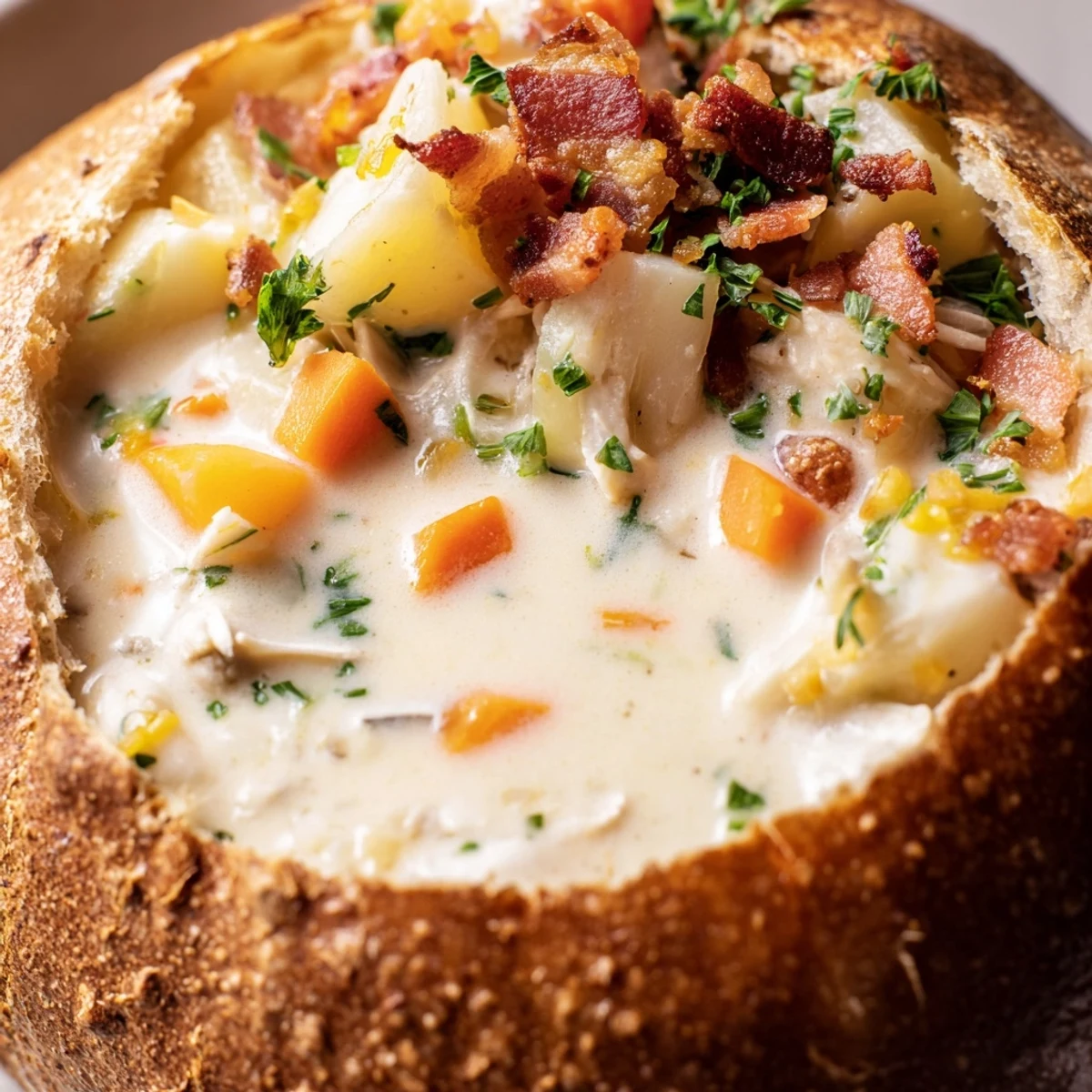 A rustic sourdough bread bowl overflowing with hearty Creamy Clam Chowder, featuring diced potatoes and tender clams.