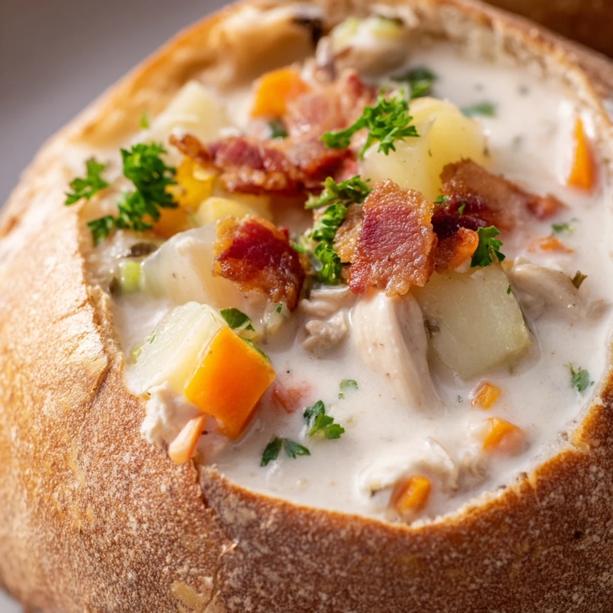 Close-up of a golden sourdough bowl filled with rich Creamy Clam Chowder, garnished with parsley and served on a napkin.
