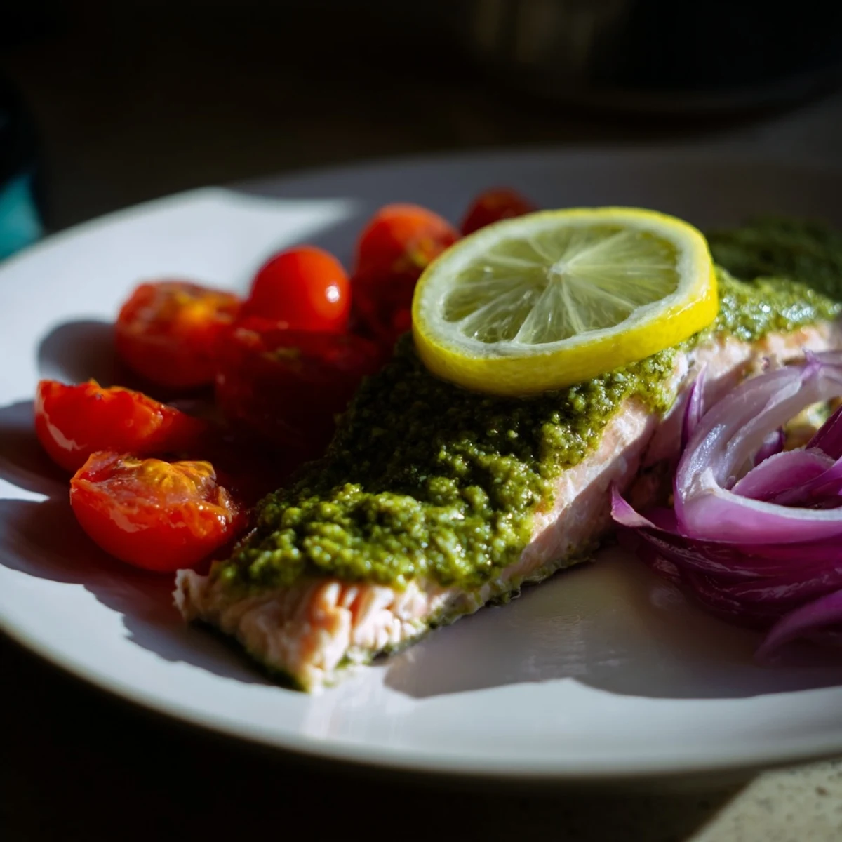 Baked Salmon with Pesto and Cherry Tomatoes baked to flaky perfection with bright green pesto and roasted red tomatoes.