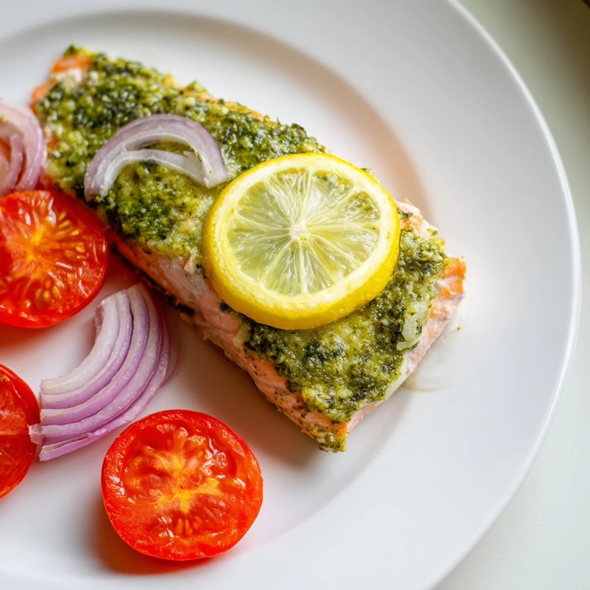 Tender Baked Salmon with Pesto and Cherry Tomatoes topped with basil pesto, lemon slices, and roasted cherry tomatoes.