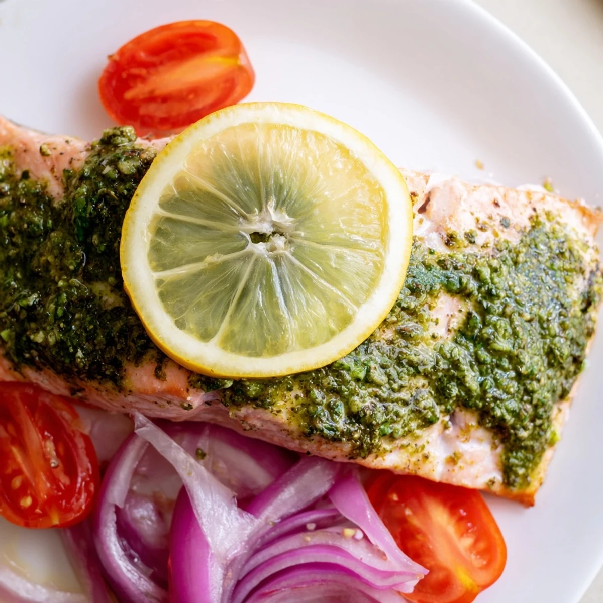 Golden Baked Salmon with Pesto and Cherry Tomatoes served with red onions and fresh basil for a colorful dinner.