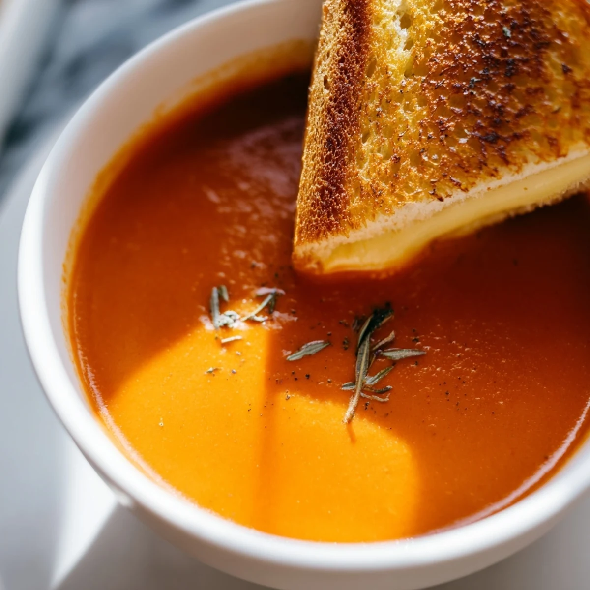 A spoon lifting creamy tomato soup beside crispy grilled cheese dippers for a cozy lunch or light dinner.