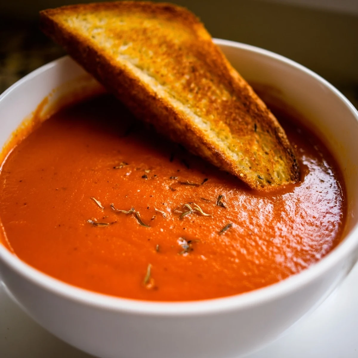 Velvety Creamy Tomato Soup with Grilled Cheese Dippers served alongside warm grilled cheese strips on a wooden table.