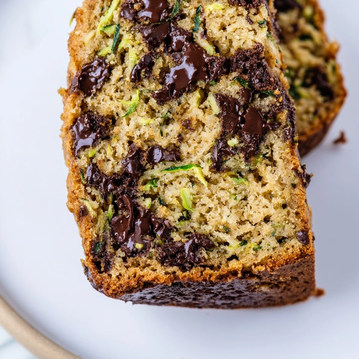 Slice of moist Chocolate Chip Zucchini Bread showing flecks of green zucchini and rich chocolate on a white plate with a cup of coffee.