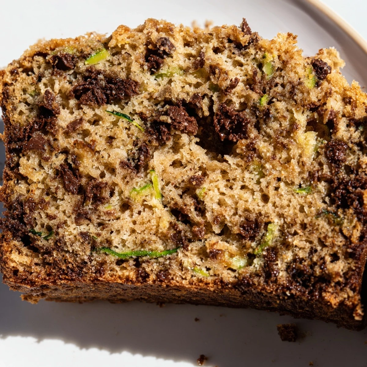 Freshly baked Chocolate Chip Zucchini Bread cooling on a wire rack, featuring a golden crust and melted semi-sweet chocolate chips.
