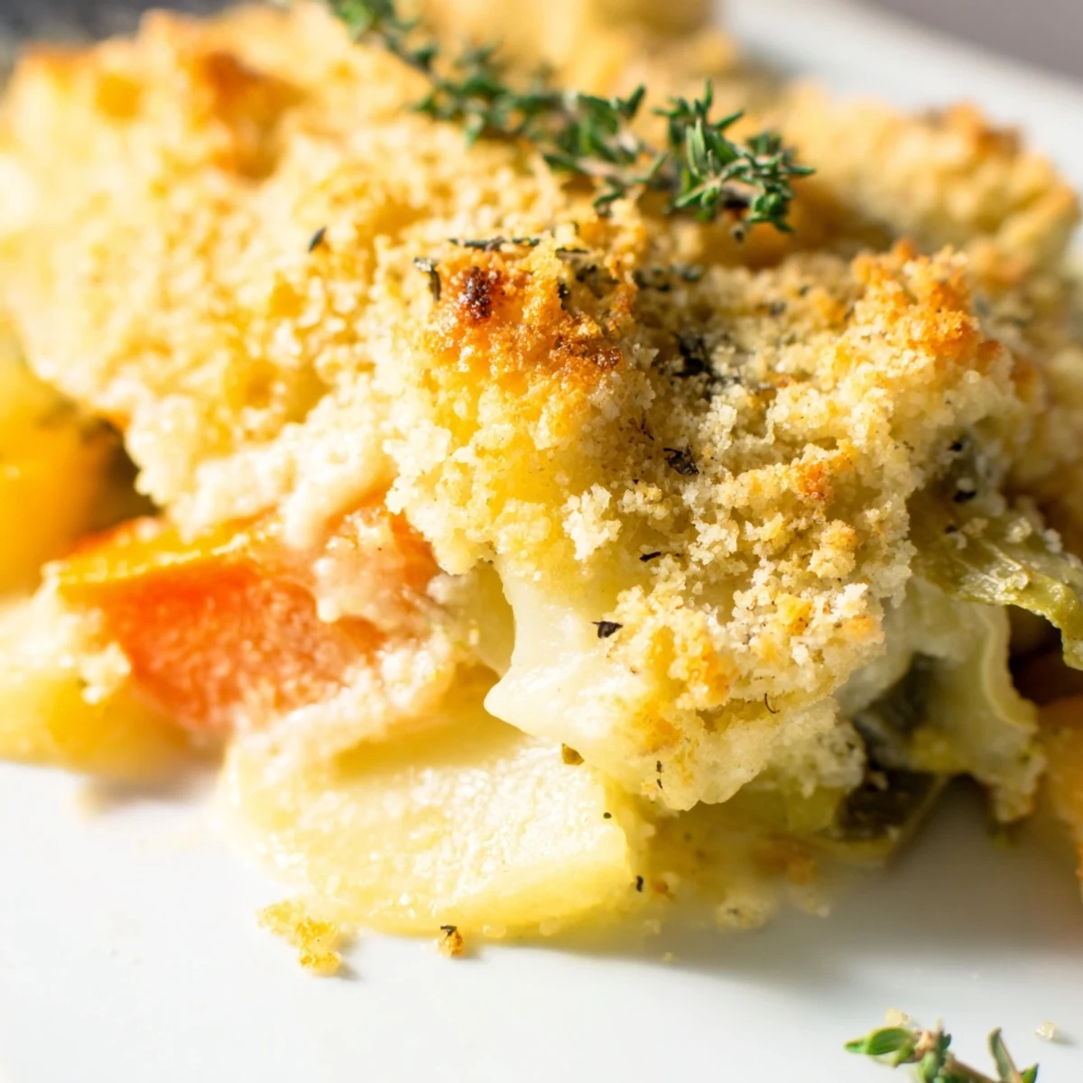 Layers of Yukon Gold potatoes and butternut squash in a creamy Winter Vegetable Gratin with Gruyere and Thyme.