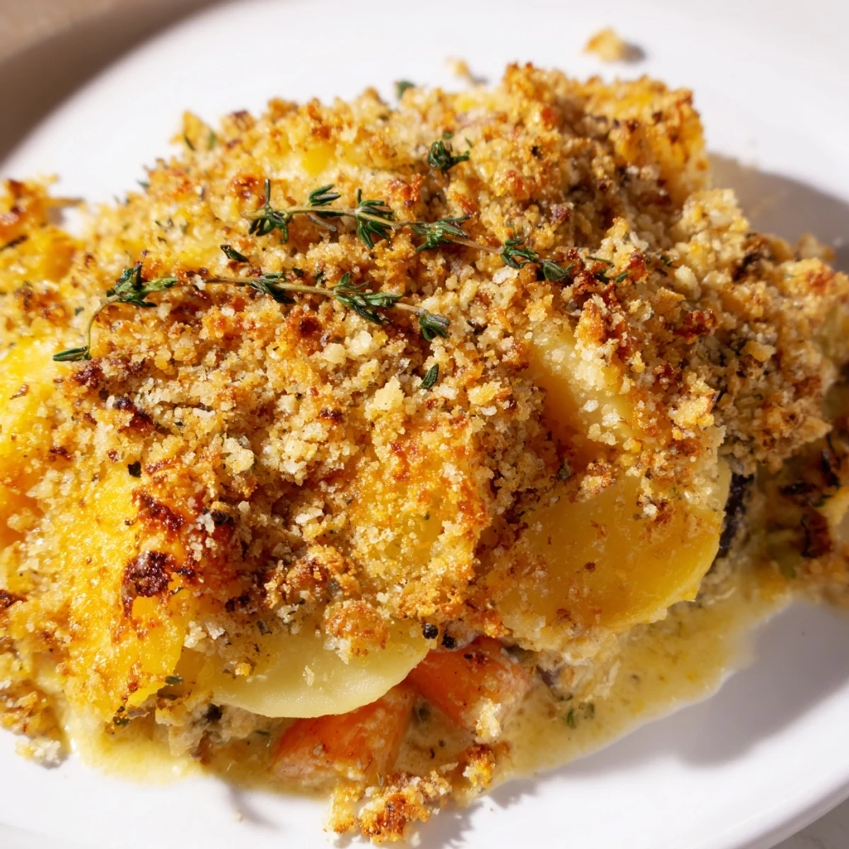 A close-up of a hearty Winter Vegetable Gratin with Gruyere and Thyme, featuring golden crust and fresh thyme garnish.