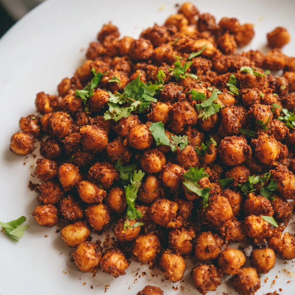Golden, crispy Spicy Roasted Chickpeas with Cumin and Chili Powder rest on a baking sheet. 