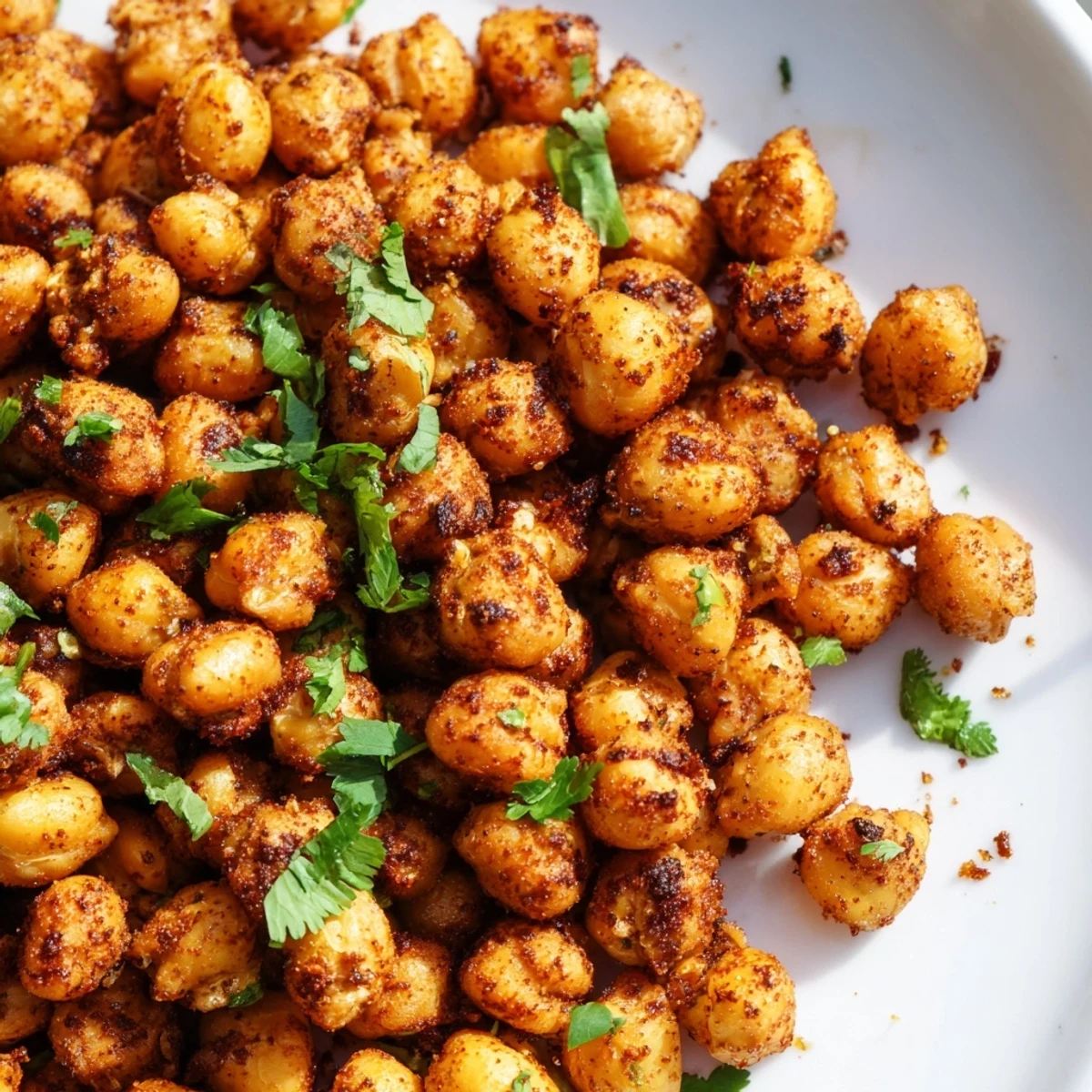 Bowl of Spicy Roasted Chickpeas with Cumin and Chili Powder garnished with cilantro next to a lime wedge.
