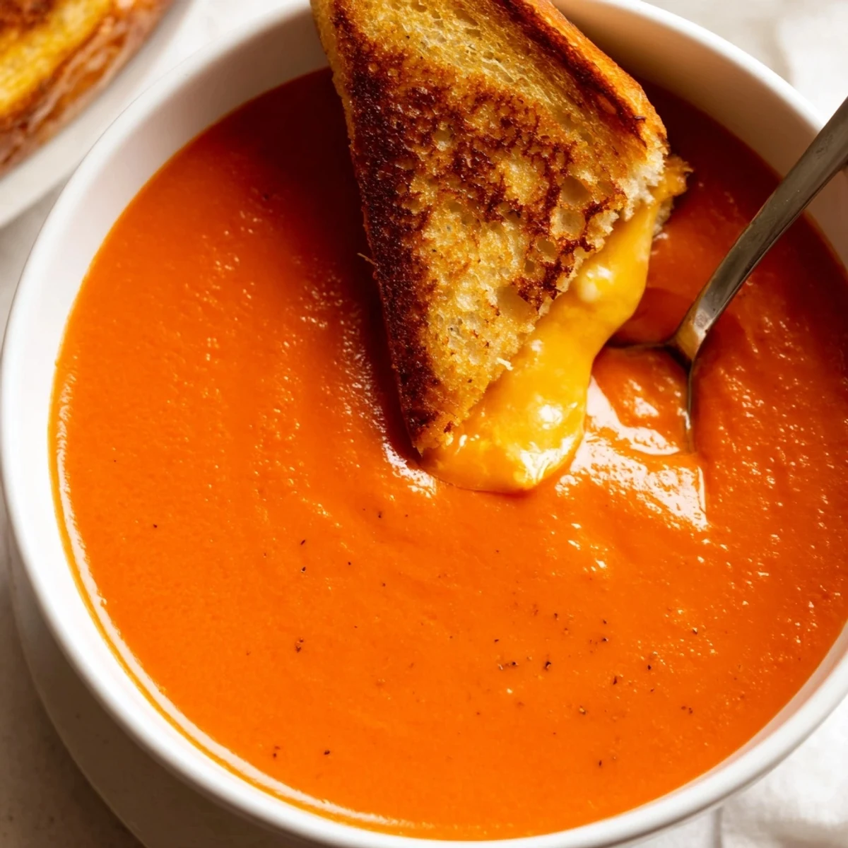 Creamy Tomato Soup with Grilled Cheese Dippers garnished with herbs, with melted cheddar dippers ready for a cozy meal.