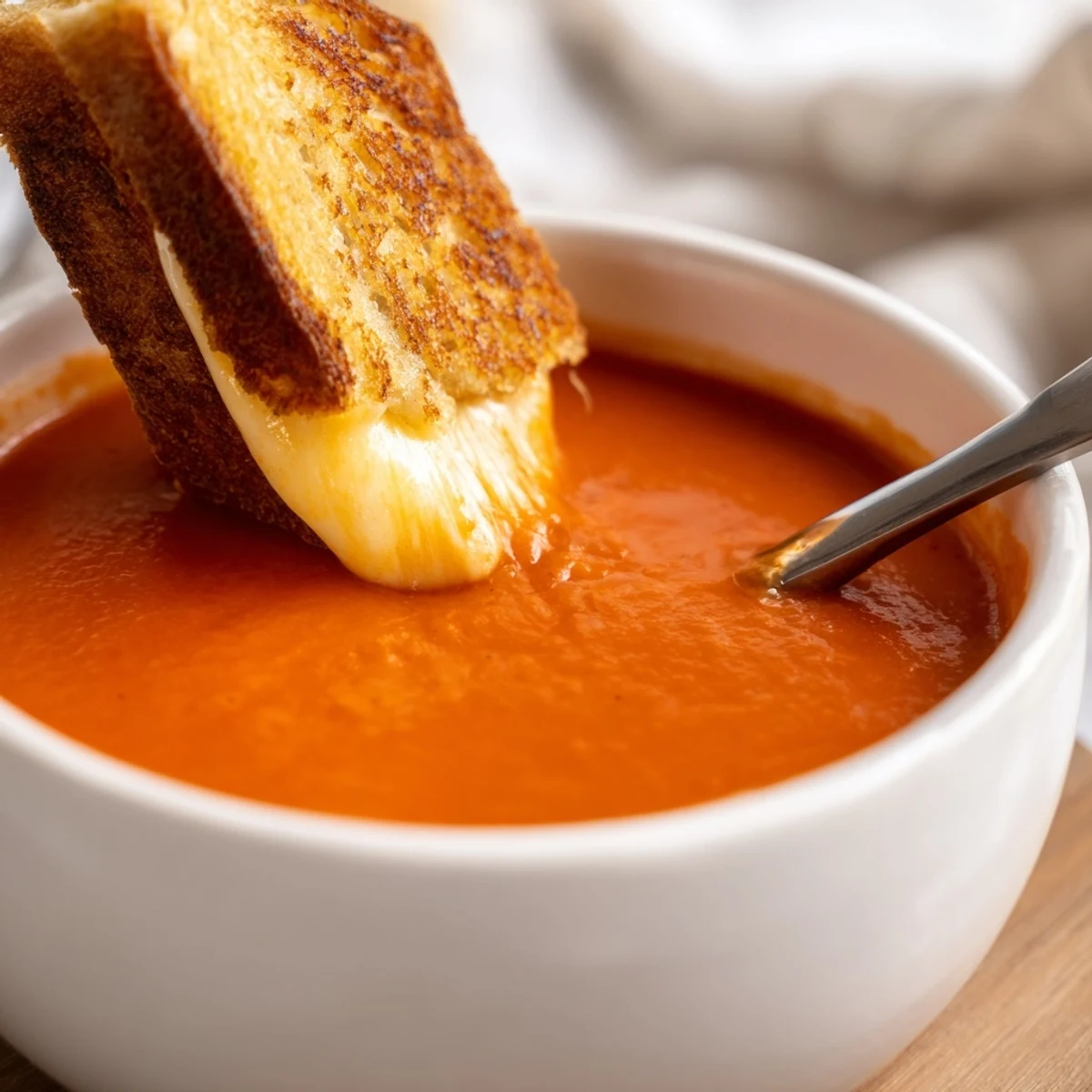 Homemade Creamy Tomato Soup with Grilled Cheese Dippers served alongside a vase of fresh basil on a table.