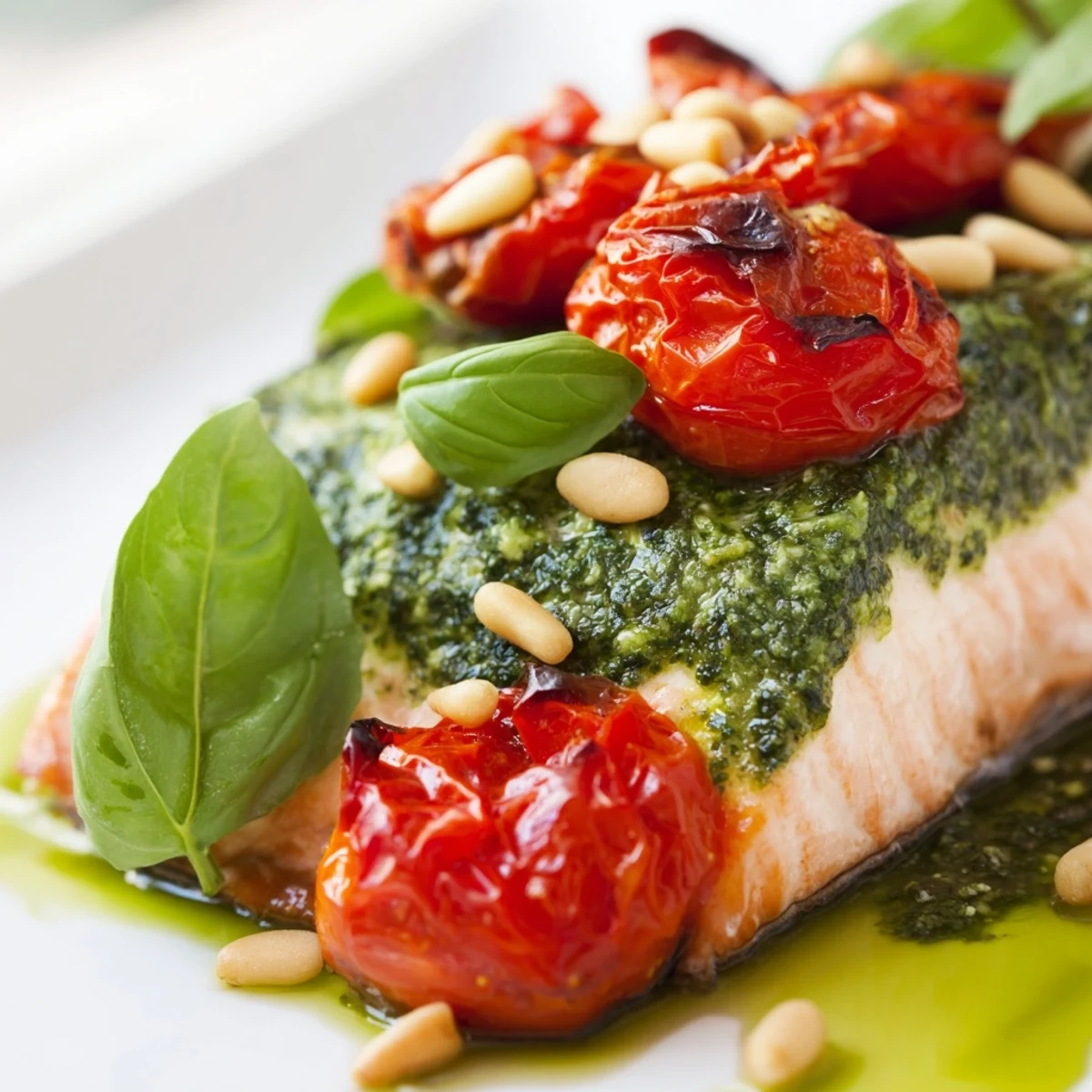 A close-up of Baked Salmon with Pesto and Cherry Tomatoes, featuring flaky pink fish and blistered, juicy vegetables.