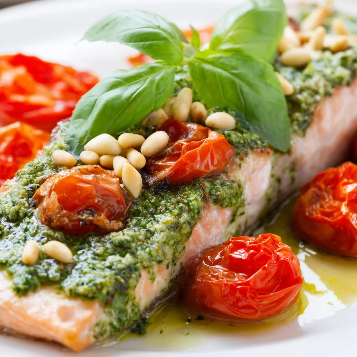 A vibrant dinner platter of Baked Salmon with Pesto and Cherry Tomatoes, garnished with toasted pine nuts and herbs.
