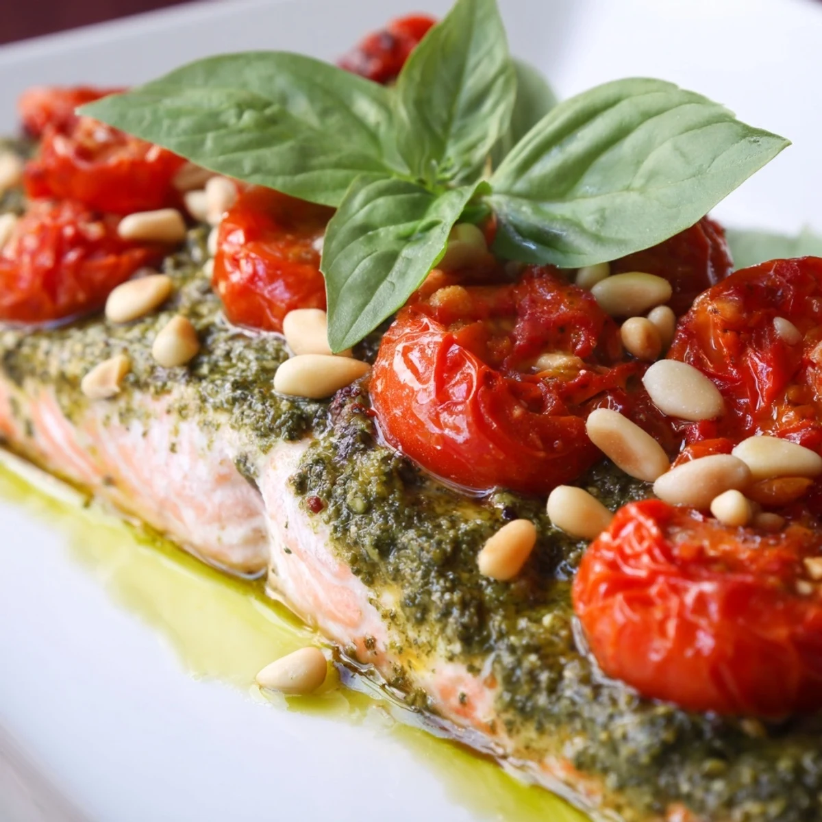 Golden-brown Baked Salmon with Pesto and Cherry Tomatoes served on a white plate with lemon wedges and fresh basil.