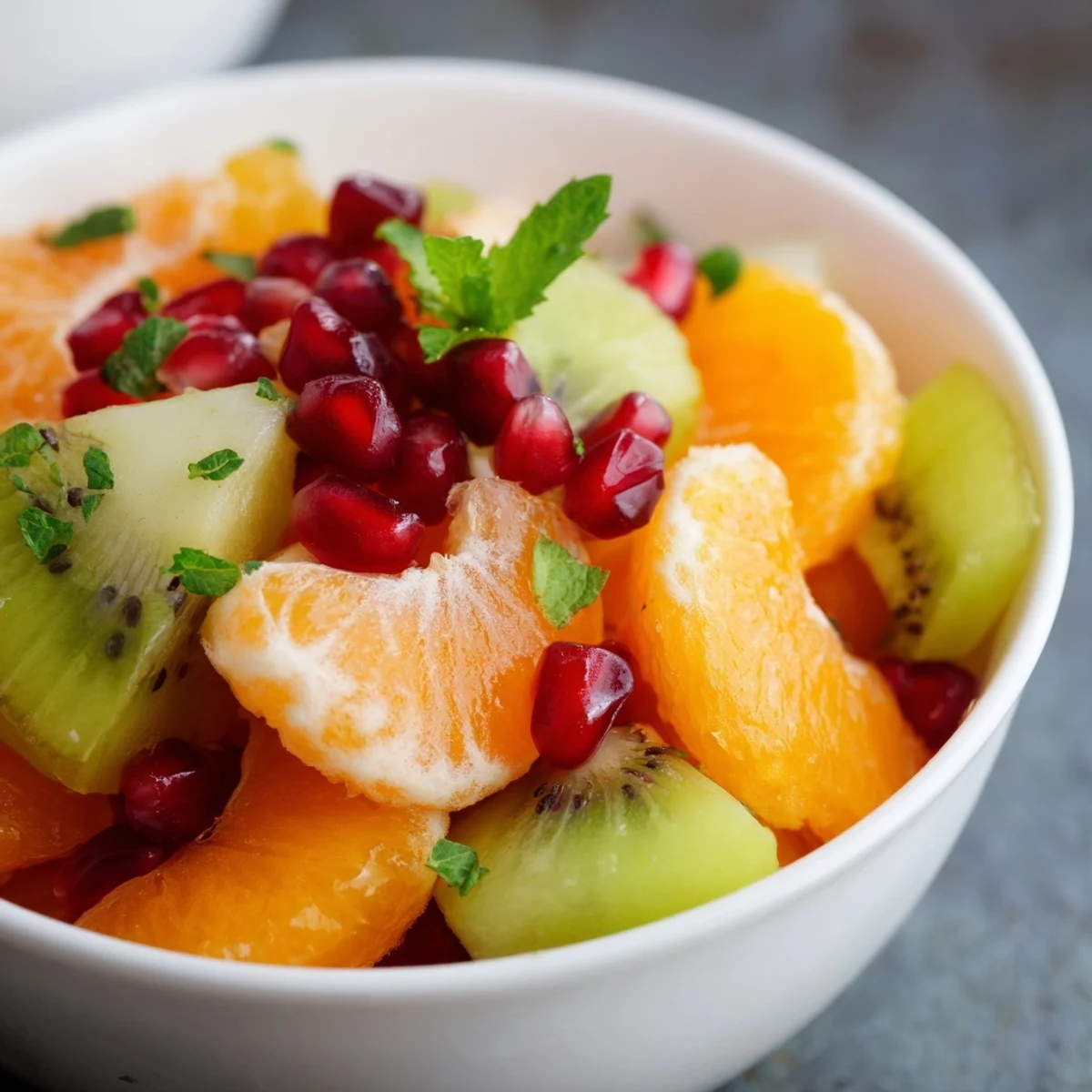 Winter Fruit Salad with Fresh Mint and Lime served in a white bowl with sliced kiwi and orange segments.