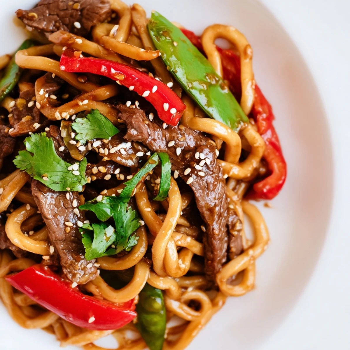 Close-up view of Spicy Beef Stir Fry with Udon Noodles, highlighting chewy thick noodles, savory beef, and vibrant orange and green vegetables tossed in a spicy chili garlic glaze.