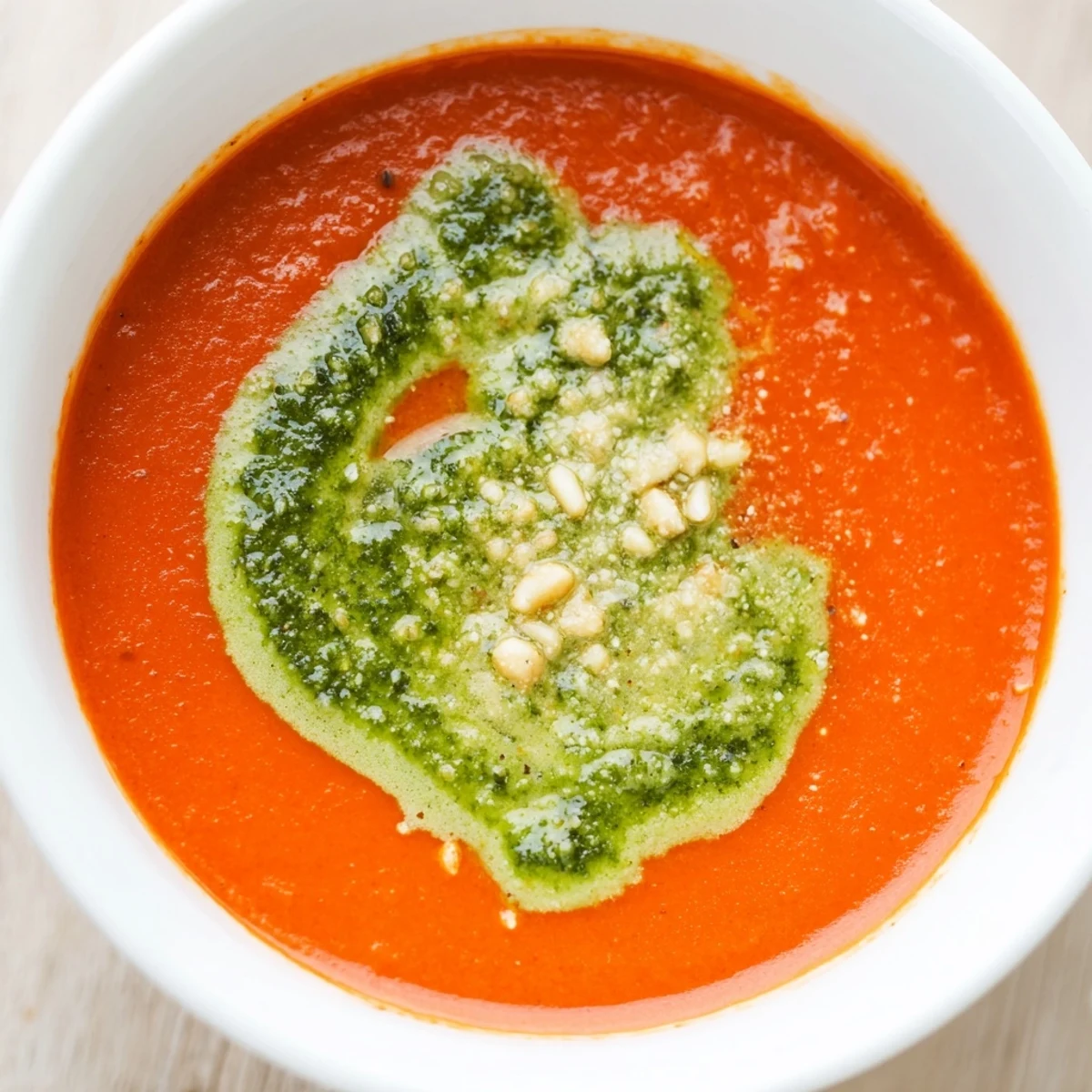 A spoonful of Creamy Tomato Soup with Fresh Basil Pesto garnished with basil leaves and parmesan.