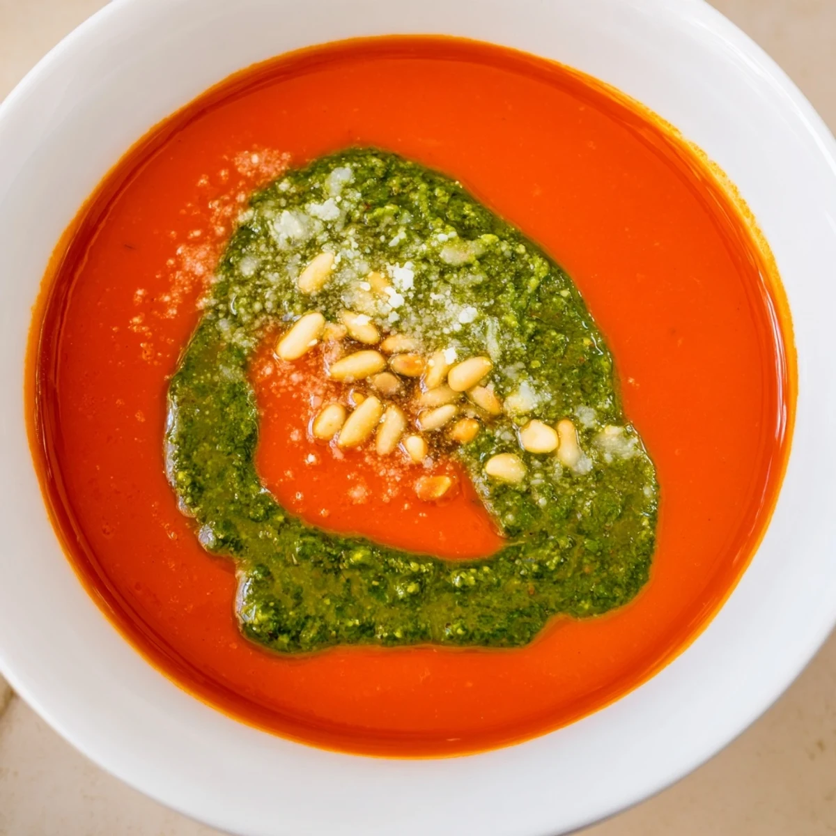 Close-up of Creamy Tomato Soup with Fresh Basil Pesto next to toasted bread for dipping.