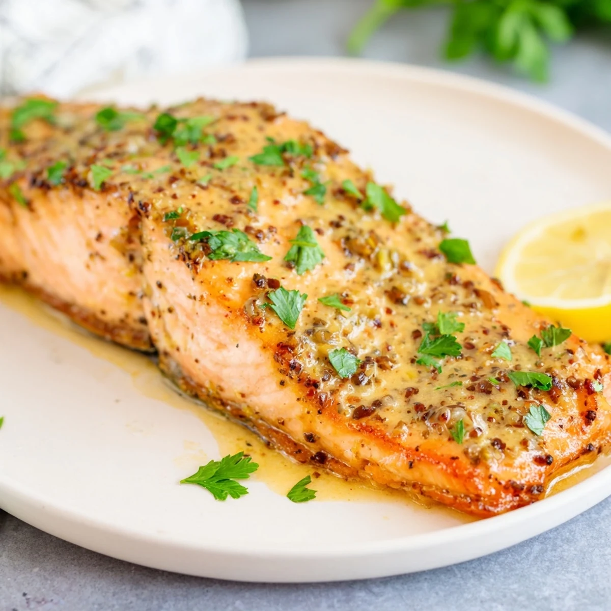 Tender, glazed salmon fillets on a baking sheet, ready for a healthy dinner served with roasted asparagus and rice.