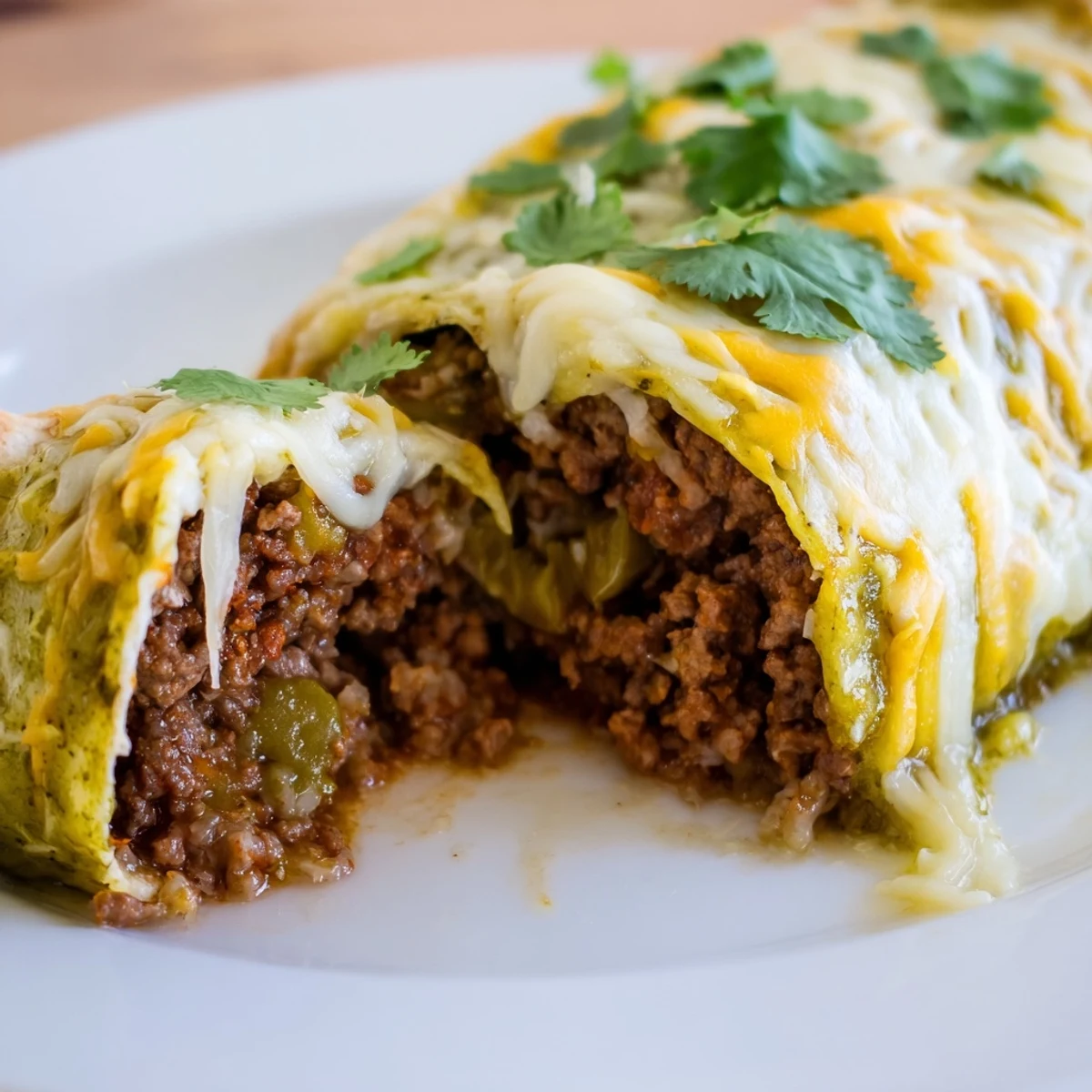 Freshly baked Beef Enchiladas with Green Chili Sauce feature melted Monterey Jack cheese bubbling over rolled tortillas in a 9x13-inch baking dish.