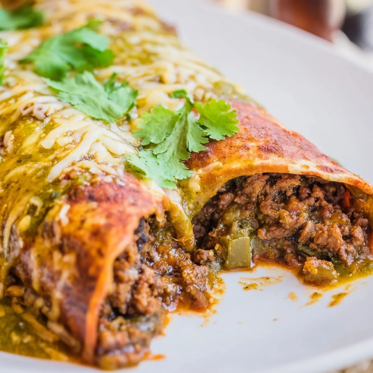Golden brown enchiladas are served hot on a white plate, topped with fresh cilantro and a dollop of sour cream for a classic Mexican-American meal.
