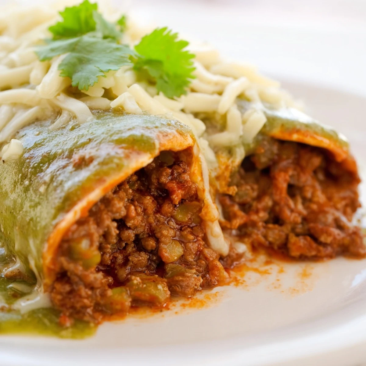 Close-up view of tender beef filling spilling from soft tortillas, generously smothered in vibrant green chili sauce and shredded cheddar cheese.