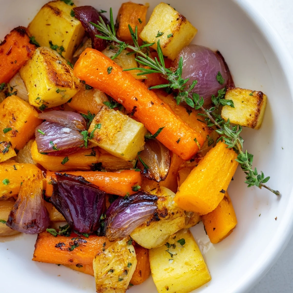 Serving platter of roasted root vegetable medley with balsamic glaze, paired with a hearty dinner plate.
