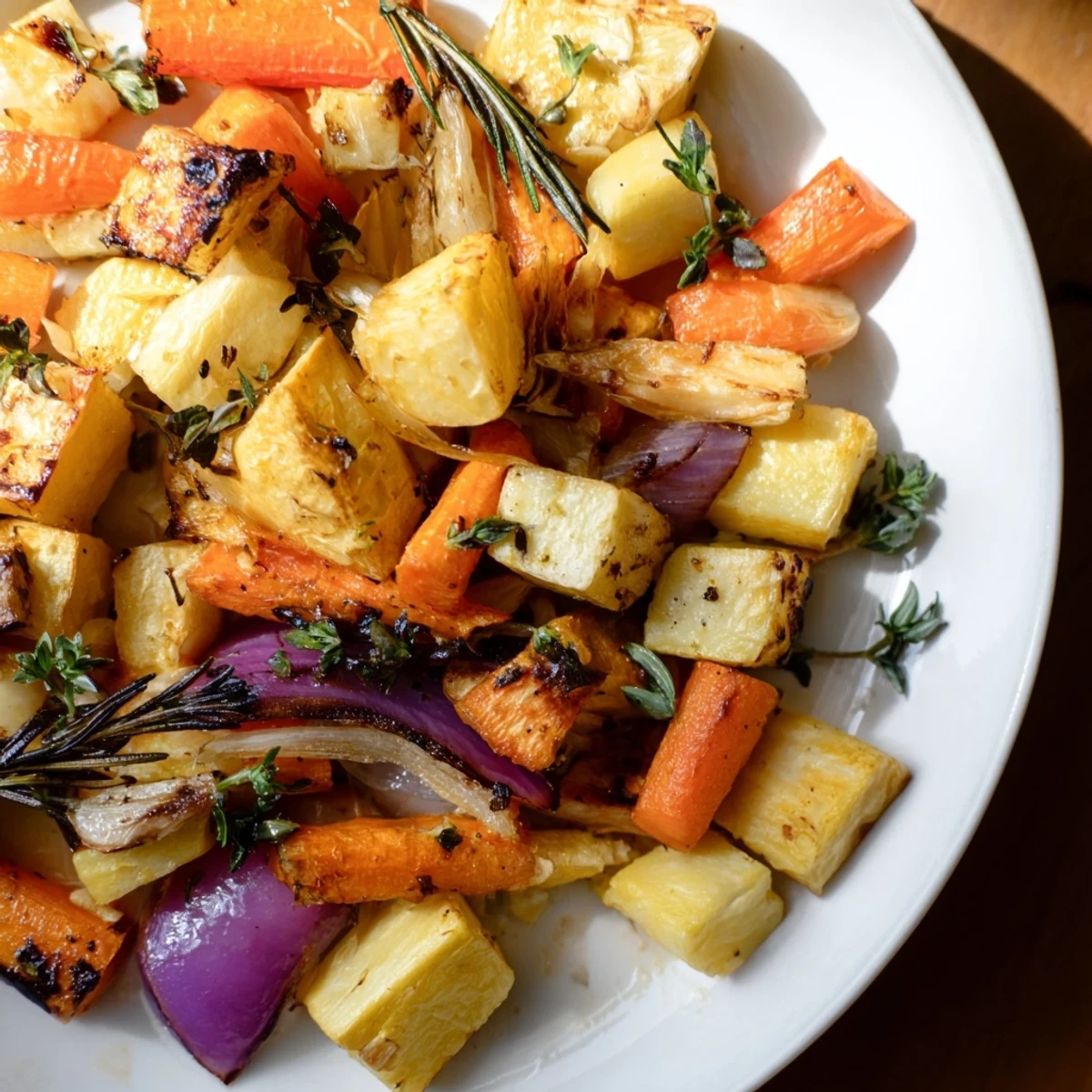 Bowl of roasted root vegetable medley featuring carrots, parsnips, and sweet potatoes tossed in herbs.