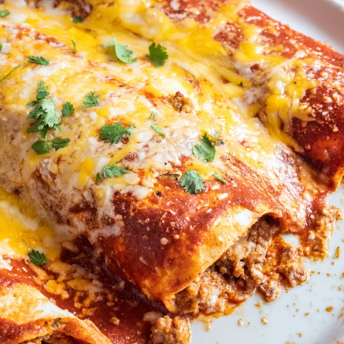 Tender ground beef filling rolled in flour tortillas, smothered in homemade red enchilada sauce and baked.