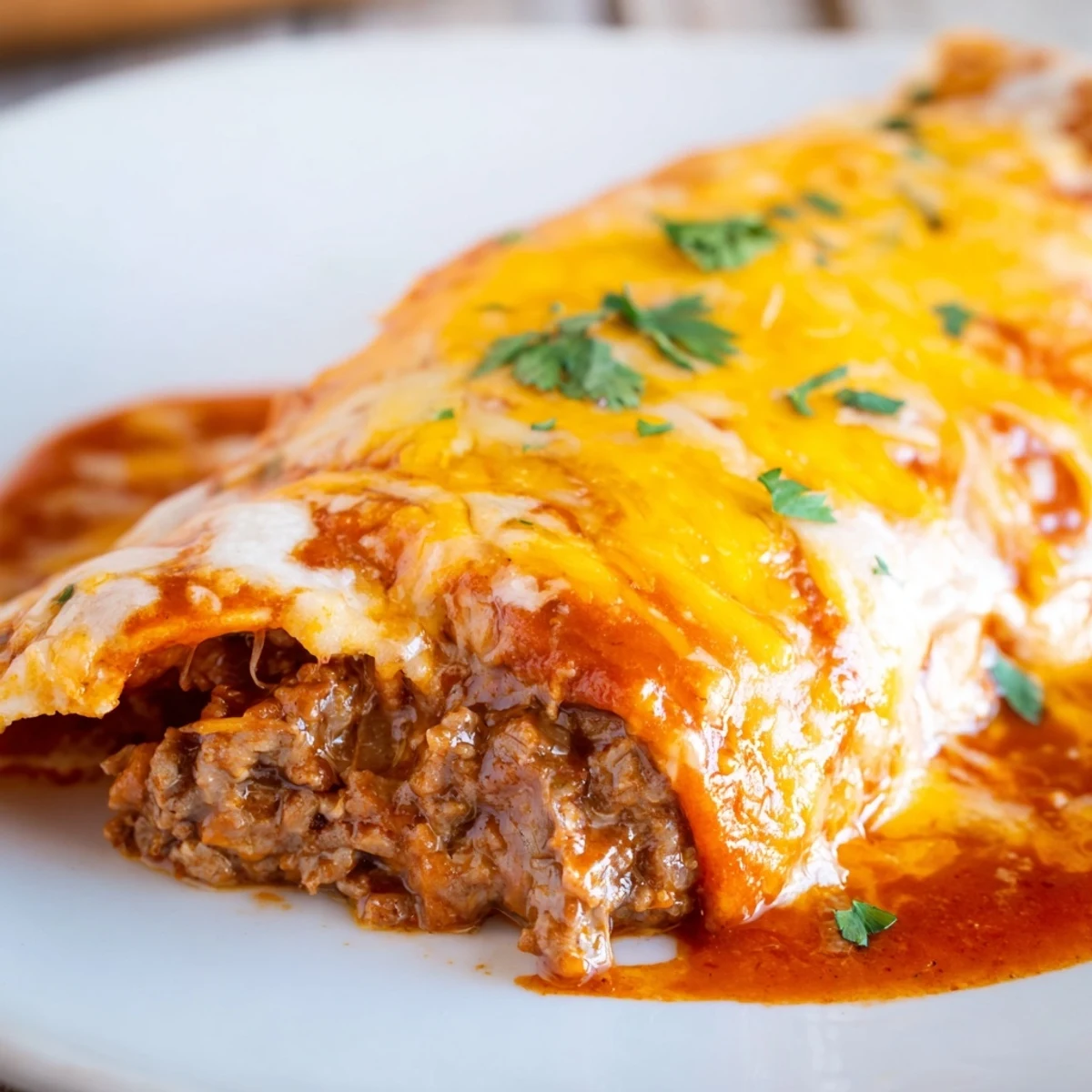 Freshly baked Beef Enchiladas with Red Sauce in a ceramic dish, topped with melted cheese and cilantro.
