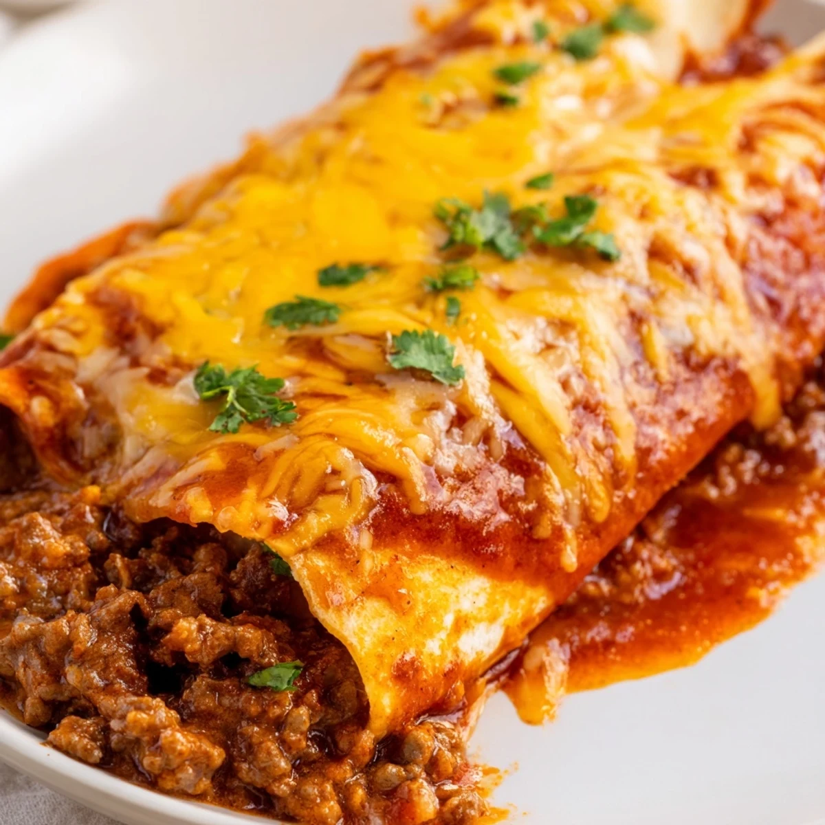 Golden Beef Enchiladas with Red Sauce served with sour cream and cilantro, perfect for family dinners.