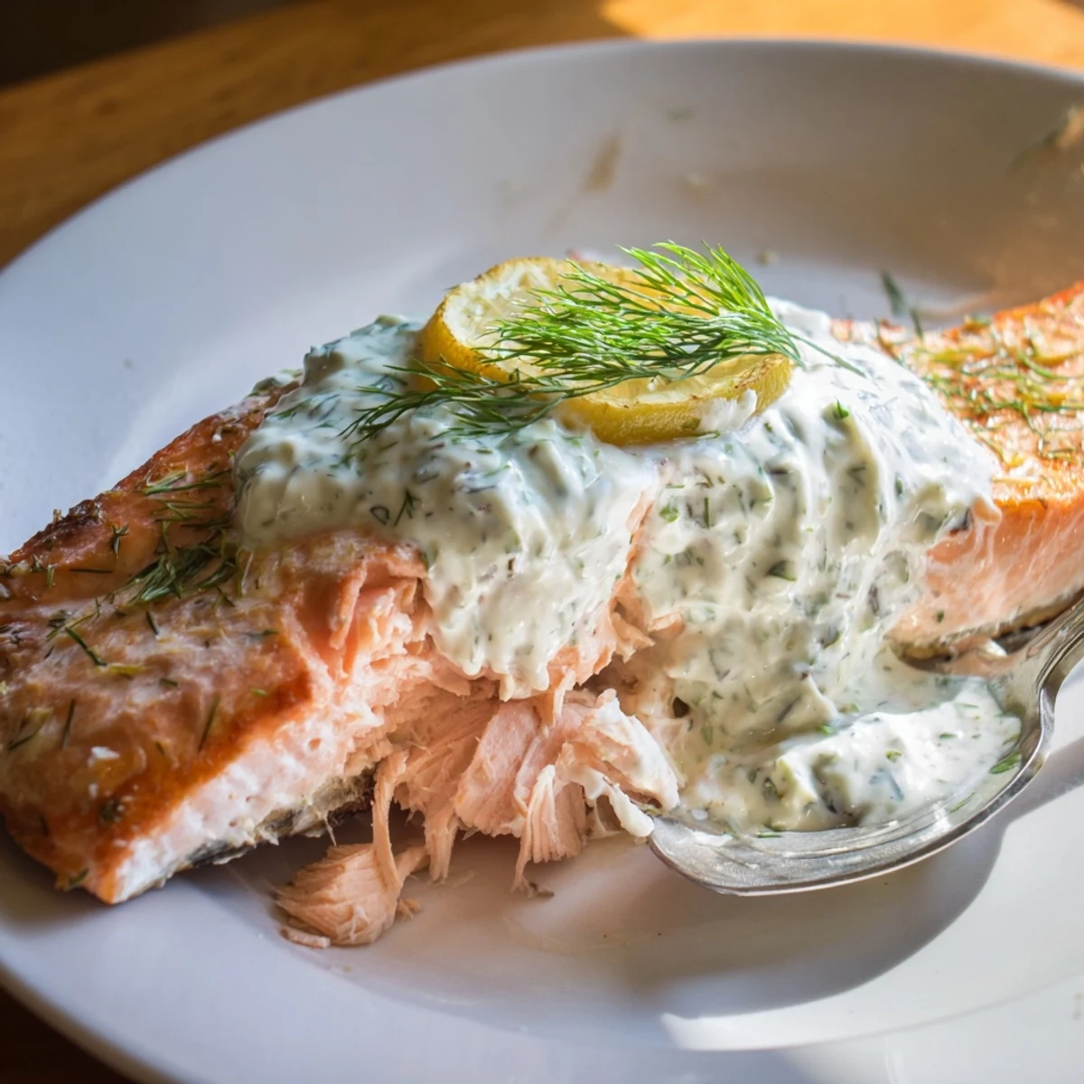 Golden-baked salmon with dill sauce served alongside vibrant steamed asparagus on a rustic white dinner plate.
