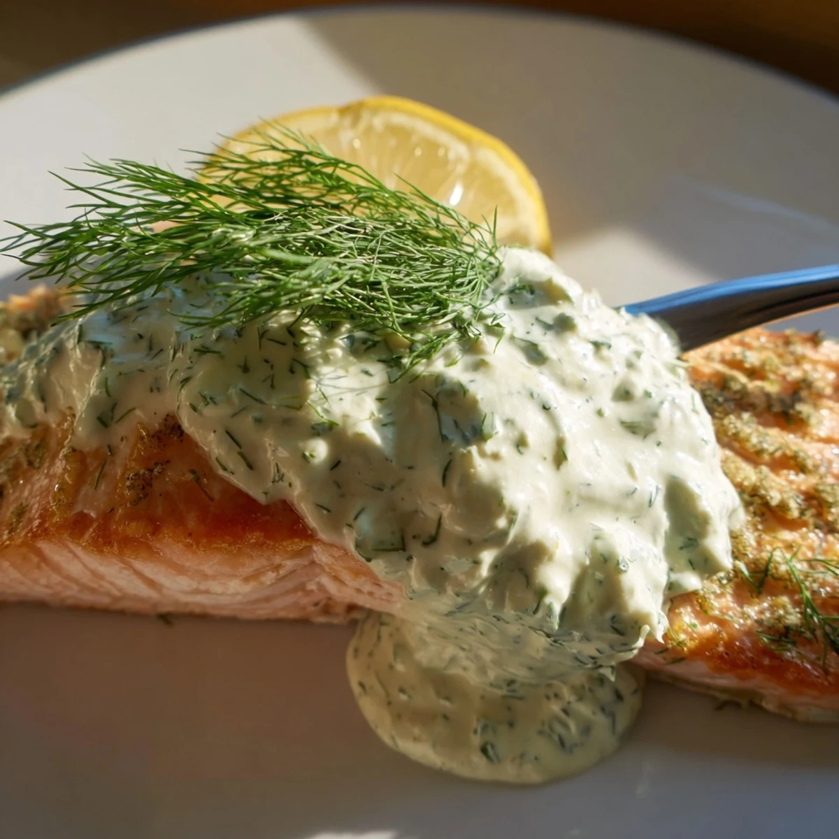 Close-up of tender salmon drizzled with herbaceous dill sauce, garnished with fresh dill and lemon wedges.