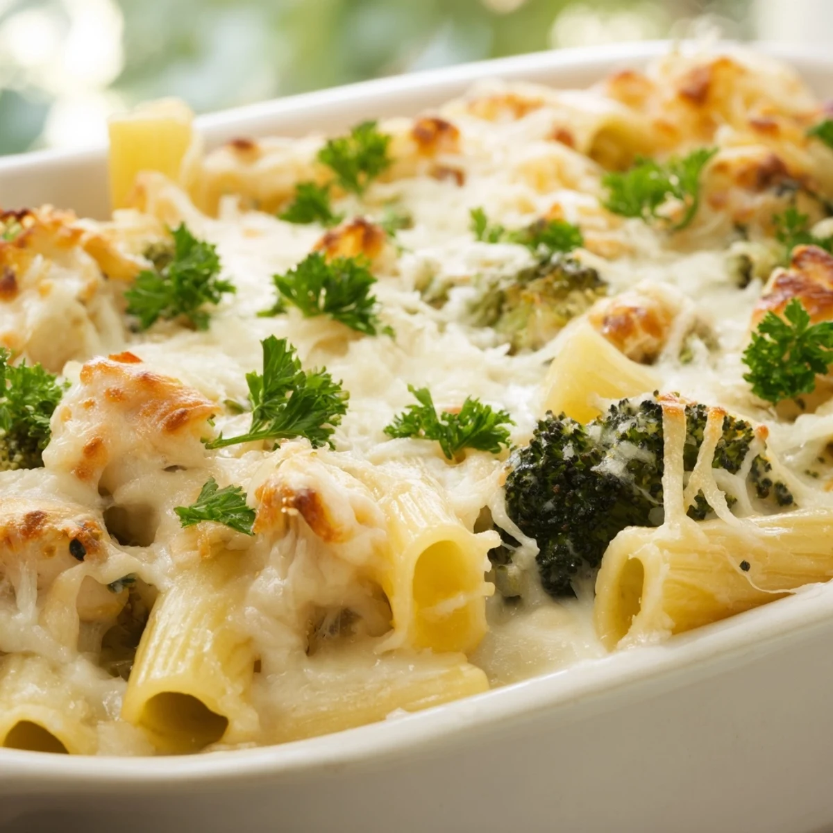 Freshly baked Chicken Alfredo Bake with Broccoli, served in a dish and garnished with bright green parsley.