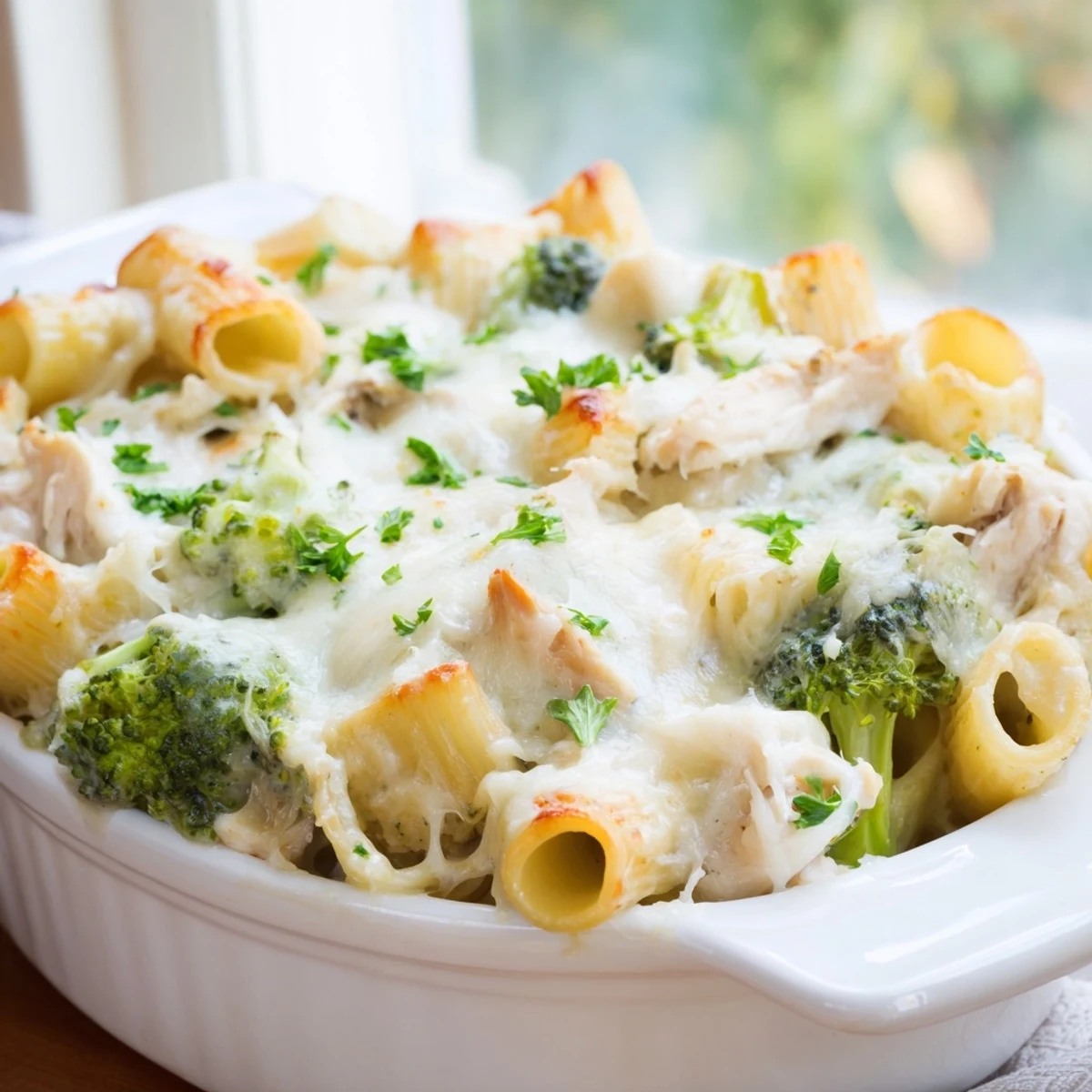 A close-up view of the Chicken Alfredo Bake with Broccoli, highlighting tender pasta, green broccoli florets, and savory chicken.