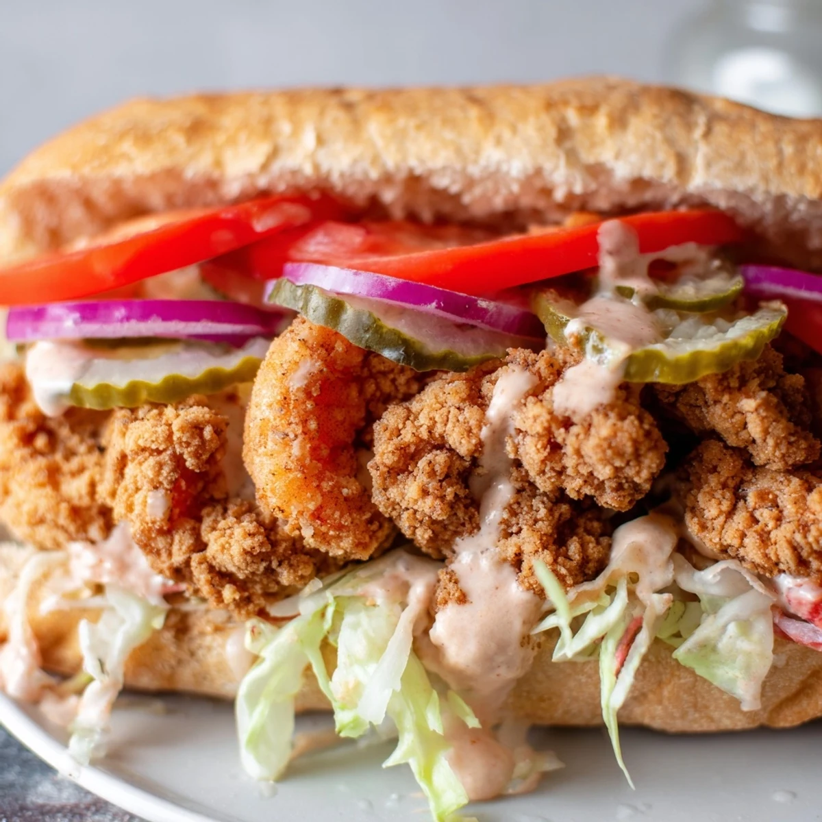 Crispy golden fried shrimp stuffed in a crusty baguette with tangy remoulade sauce and fresh lettuce.  