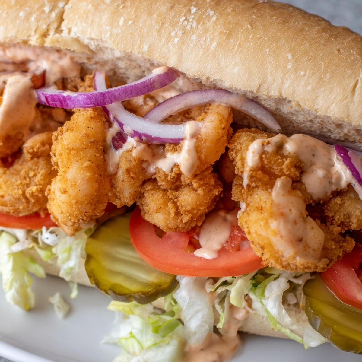 A close-up of a classic Shrimp Po Boy sandwich, layered with juicy shrimp and vibrant toppings.  