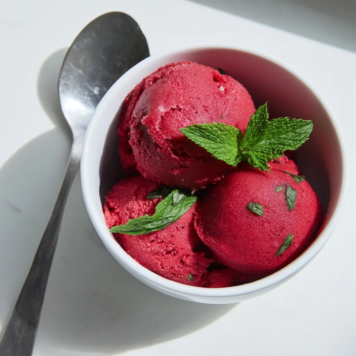 A chilled scoop of vibrant red Raspberry Sorbet with Fresh Mint in a clear glass bowl, garnished with a sprig of mint.