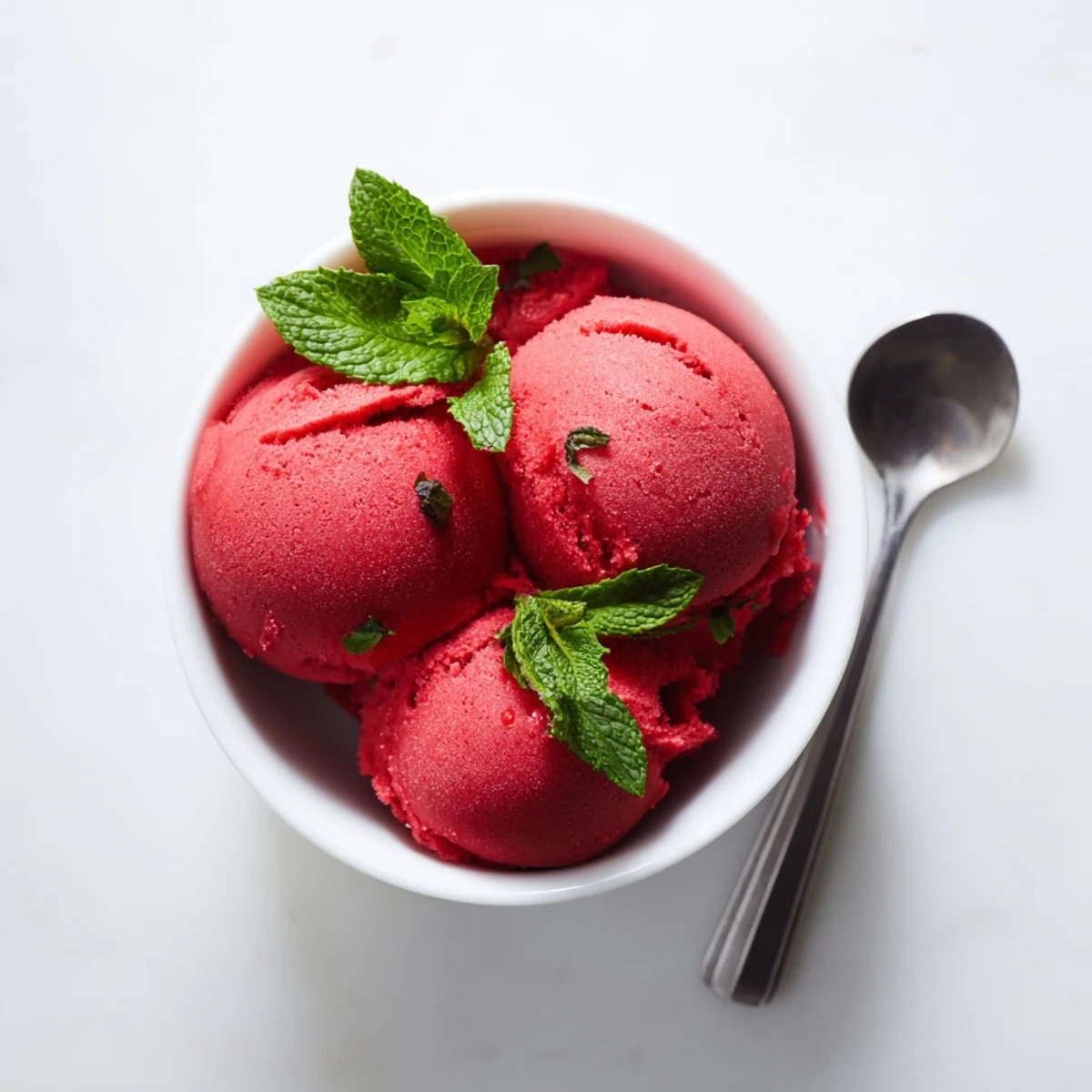 Smooth, seedless Raspberry Sorbet with Fresh Mint served in a dessert glass, reflecting the bright summer light.