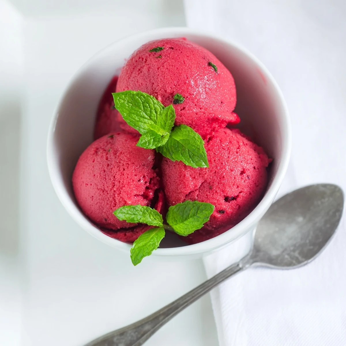 Homemade Raspberry Sorbet with Fresh Mint in a rustic ceramic bowl, ready to enjoy on a hot afternoon.