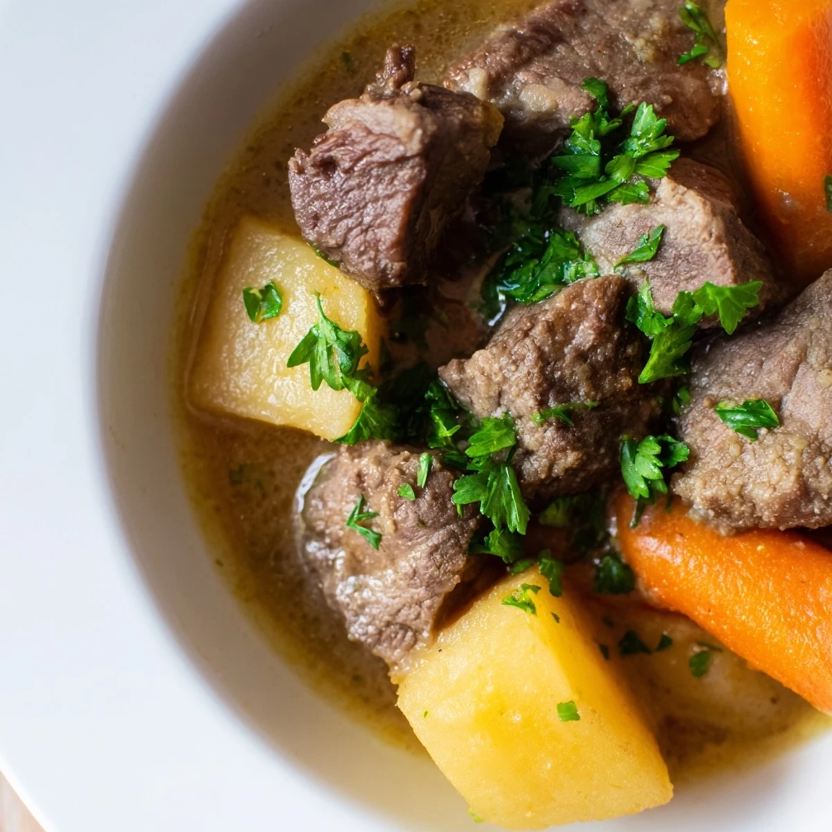 A steaming bowl of Traditional Irish Lamb Stew, featuring tender meat chunks, carrots, potatoes, and herbs in a rich, savory broth.