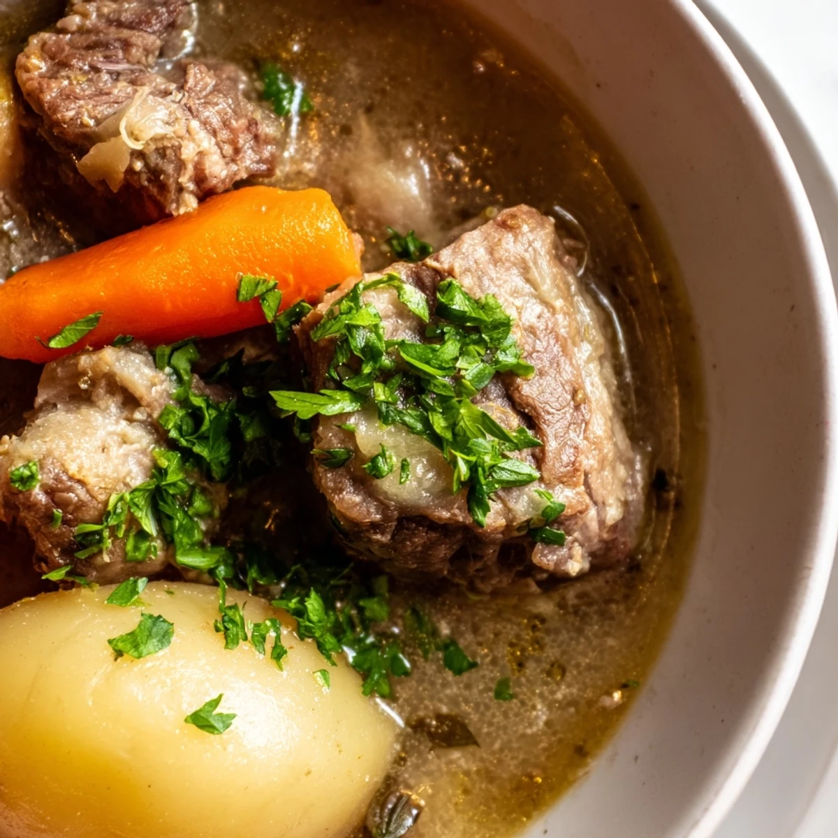 Traditional Irish Lamb Stew is simmered in a Dutch oven with root vegetables, garnished with fresh parsley for a hearty, cozy meal.