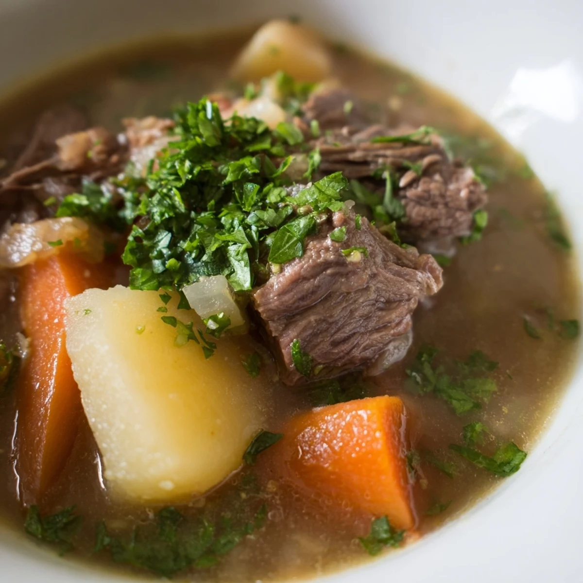 Close-up of Traditional Irish Lamb Stew showing melt-in-your-mouth lamb and soft parsnips, ready to serve with a slice of crusty soda bread.