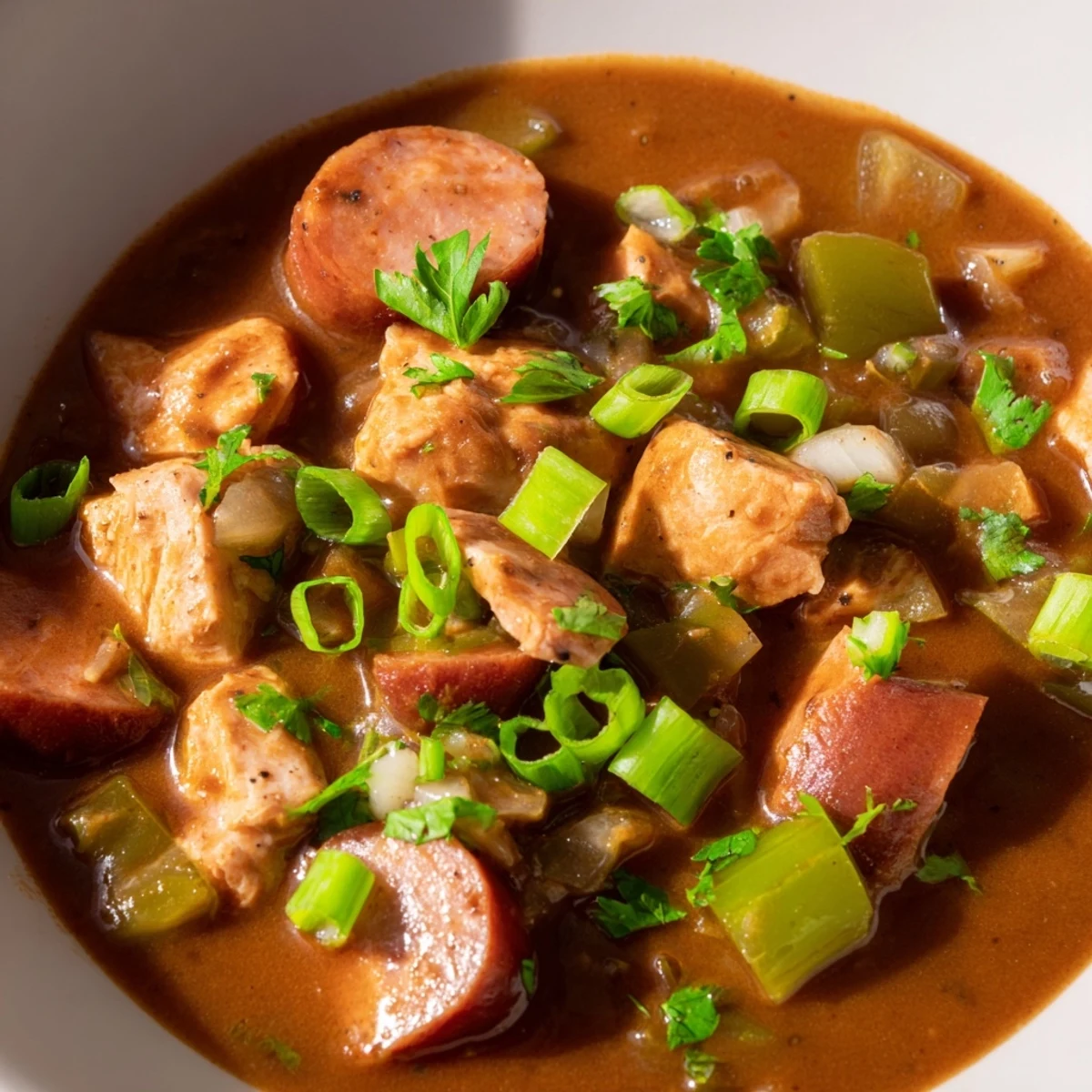 Steaming bowl of Chicken Andouille Sausage Gumbo with rice, garnished with fresh parsley and green onions.