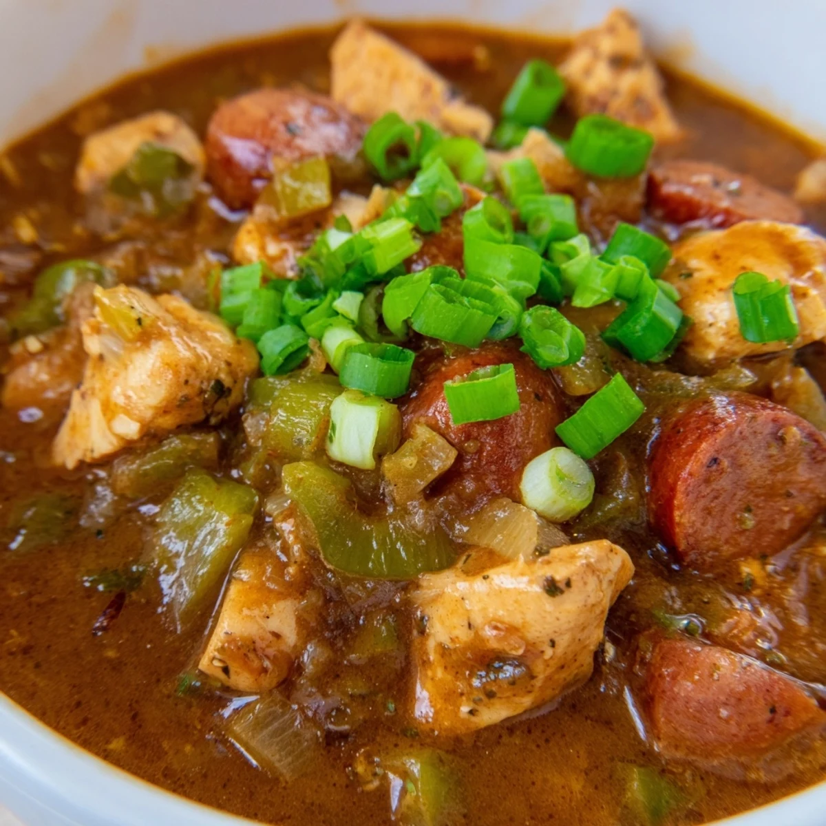 A hearty bowl of Chicken Andouille Sausage Gumbo served over fluffy white rice, featuring tender chicken chunks and sliced spicy sausage.