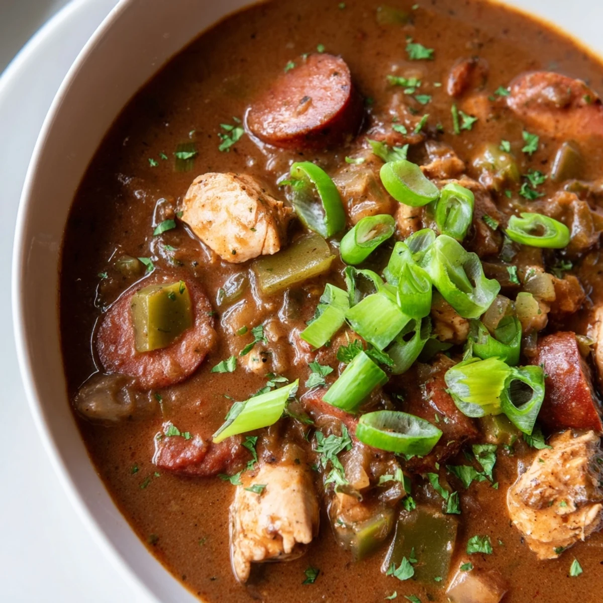 Close-up of Chicken Andouille Sausage Gumbo showcasing a rich, dark roux broth with vegetables like bell peppers and celery.