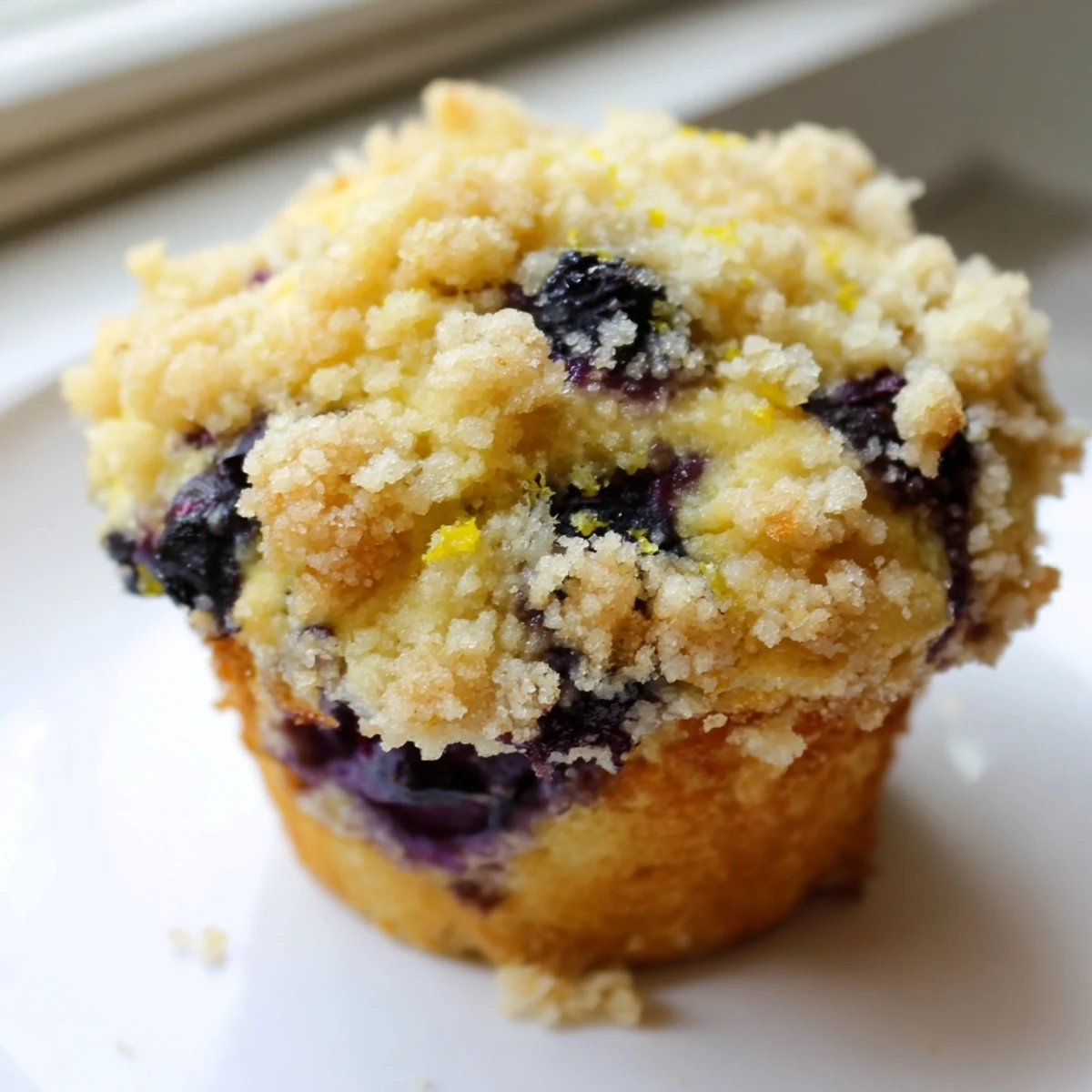 A close-up of freshly baked Lemon Blueberry Muffins with Streusel, golden and crumbly on top, revealing moist interiors studded with juicy berries.
